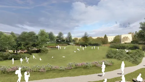 Widok ścieżki spacerowej i terenu rekreacyjnego w parku na górce Rogal